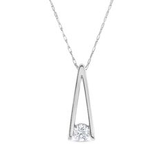 Perfect your everyday look with the sleek design of this shimmering diamond solitaire inverted "V" pendant. Fashioned in cool 10K white gold The 1/10 ct. round diamond solitaire sparkles between the ribbons of the inverted "V"-shaped design. This pendant suspends along an 18.0-inch rope chain that secures with a spring-ring clasp. Modern Diamond White Round Cut Diamond Necklace, Modern Round Cut Diamond White Necklace, Diamond White Solitaire Necklace With Tension Setting For Anniversary, Diamond White Diamond Necklace With Tension Setting, Modern Solitaire Necklace With Round Cut Diamond, Diamond White Necklace With Tension Setting, Modern Solitaire Diamond Cut Necklace For Anniversary, Modern Solitaire Diamond Necklace For Anniversary, Modern Solitaire Necklace In White Gold With Diamond Accents