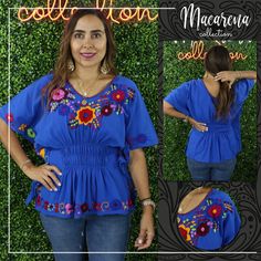 This beautifully embroidered Mexican huipil blouse short sleeves. It is hand woven with hand embroidered flowers around the neck and the wrists. Each flower is unique and colorful. This comfortable ethnic shirt will be one of your favorites. About Our Items: Each one of our items is handmade/hand woven by Indigenous communities of Chiapas and Oaxaca in Mexico. Great care has been taken to ensure the quality and uniqueness of each item we sell.  Our items are made of cotton. Each flower on each i Casual Floral Embroidered Short Sleeve Blouse, Casual Short Sleeve Blouse With Floral Embroidery, Casual Embroidered Short Sleeve Blouse, Blue Embroidered Short Sleeve Top For Spring, Blue Short Sleeve Embroidered Top For Spring, Spring Multicolor Embroidery Short Sleeve Tops, Casual Short Sleeve Embroidered Top For Vacation, Embroidered Short Sleeve Tops For Vacation, Blue Embroidered Short Sleeve Shirt