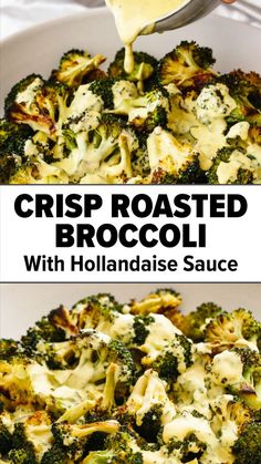 broccoli and cheese is being drizzled with sauce