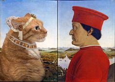 two paintings of a cat and a man with a red hat looking at each other