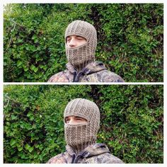 two photos of a man wearing a knitted hat and scarf, with bushes in the background