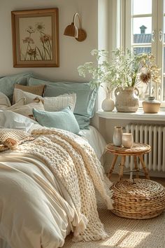 a bed with white sheets and pillows in a bedroom next to a window filled with potted plants