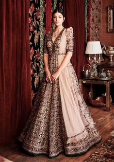 Ridhi Mehra - Champagne Embroidered Anarkali Set - INDIASPOPUP.COM Ruby And Pearl, Ridhi Mehra, Long Anarkali, Designer Anarkali Suits, Embroidered Anarkali, Embroidered Crop Tops, Drape Saree, Designer Anarkali, Embellished Blouse