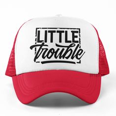 New Hat. For Men Or Women. Little Trouble Graphic Foam Trucker Hat In 2-Tone Red And White. Lightweight Poly-Foam Trucker Cap With Mesh Back Curved Bill Visor For Optimal Shading Adjustable Plastic Snap Strap Adult Unisex One Size Fits Head Circumferences Up To 60cm Bundle It Up With The "Big Trouble" Hat In My Closet For A Matching Buddies Look. Style Tags # Sayings Red White Black Print Mom Dad Parent Sibling Sister Brother Sport Baseball Hat Cap Vacation Travel Hot Weather Guys Mens Womens Te Red Hip Hop Trucker Hat With Curved Brim, Red Letter Print Hats For Outdoor, Red Short Brim Baseball Cap For Outdoor, Red Letter Print Snapback Trucker Hat, Red Hats With Letter Print And Curved Bill, Red Hip Hop Hat, One Size Fits Most, White Snapback Hat With Letter Print And Short Brim, Red Hip Hop Hat One Size Fits Most, Adjustable Red Hat With Letter Print