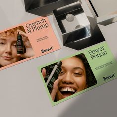 three different ads for beauty products displayed on a counter top, with one woman smiling and the other looking at her face