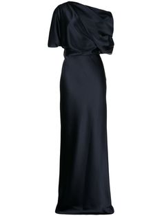 midnight blue satin finish draped design off-shoulder short sleeves extra-long length straight hem Blue Evening Gowns, Gown Blue, Designer Drapes, April 2024, Blue Satin, Classic Silhouette, Long Length, Formal Occasion, Satin Finish