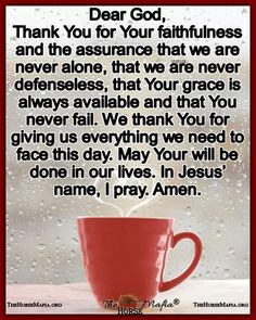 a red coffee cup with the words dear god, thank you for your faithness