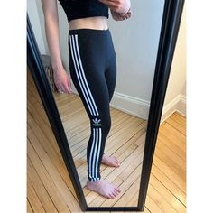 Adidas Black And White Stripe Trefoil Leggings | New With Tags Leggings Are Medium Thickness, Super Soft With A Comfy Elastic Waistband, Perfect For Any Season! 93% Cotton 7% Elastin Never Worn And In Brand-New Condition, Only Put Them On To Show What They Look Like! #Adidas #Leggings #Blackleggings #Athleisure #Athletic Adidas Logo Athleisure Fitted Leggings, Adidas Sportswear Leggings, Adidas Sports Leggings With Logo, Adidas Fitted Moisture-wicking Leggings, Adidas Black Moisture-wicking Leggings, Adidas Pants, Black Adidas, Adidas Women, Black Leggings