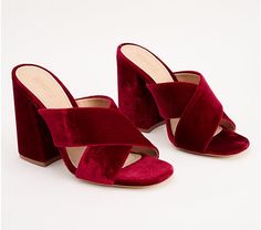 Schutz Velvet Crossover Heeled Mules - Callie - QVC.com Glamorous Block Heel Mules For Party, Chic Red Mules For Party, Chic Red Party Mules, Velvet Heels For Party, Elegant Evening Heels For Christmas, Elegant Christmas Evening Heels, Elegant Velvet Party Heels, Evening Block Heel Mules For Fall, Velvet High Heel Party Shoes