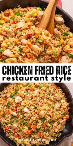 chicken fried rice is in a skillet and ready to be eaten with the words, chicken fried rice restaurant style