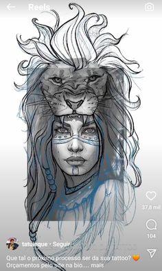 a drawing of a woman with a lion's head on her face and the words,