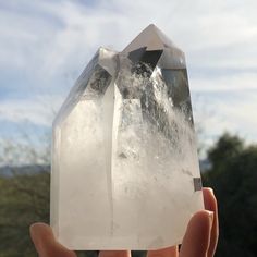 a person holding up a large crystal object in their hand with trees in the background