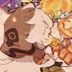 an image of a cartoon character laying on the floor next to stuffed animals and teddy bears