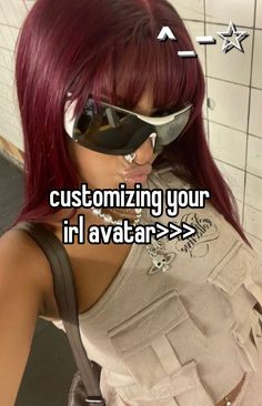 a woman with red hair wearing goggles and glasses in the bathroom, texting customizing your irl avatar > > > > > > > > >