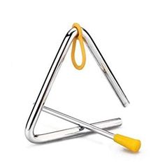 a triangle shaped metal object with yellow handles