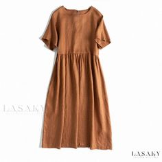 Lasaky - Chic and Minimalist Linen Cotton Dress with Artistic Round Neck, Belted Waist, and Flowy Hemline Classic Linen Dress, Linen Dress Summer, Minimalist Dress, Luoyang, Dress Sleeve Length, Cotton Linen Dresses, Vintage Short, Elegant Dresses For Women, Linen Maxi Dress