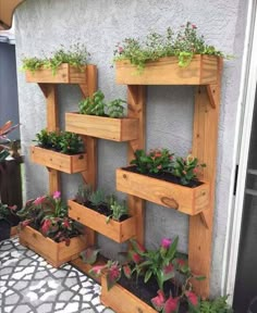 several wooden planters filled with plants on a wall next to a potted planter