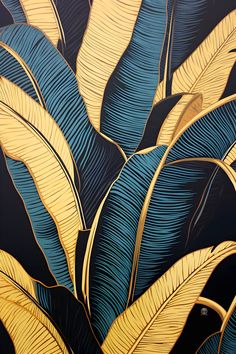 a painting of blue and yellow leaves on a black background