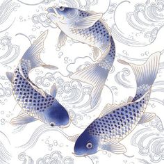 two blue and white koi fish swimming in the water with bubbles on it's surface