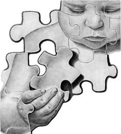 a pencil drawing of a woman's face and hands holding a piece of puzzle