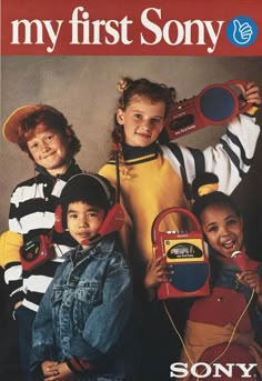 an advertisement for sony with children holding radio equipment