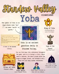 an info sheet describing the different types of items in stardew valley and yoba