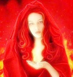 a painting of a woman dressed in red and holding a cell phone with flames behind her