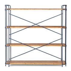 an industrial shelving unit with three shelves and metal bars on the bottom, two wooden shelves