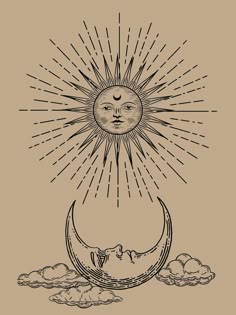 a drawing of the sun and moon with clouds