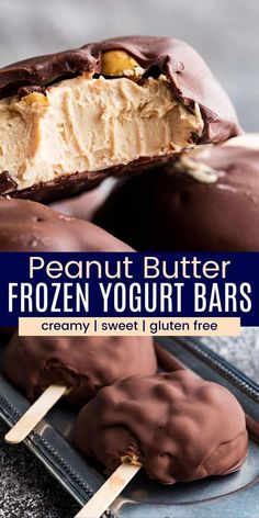 chocolate peanut butter frozen yogurt bars on a plate with one bite taken out