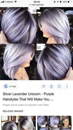 Silver Hair With Lavender Highlights, Gray Hair With Purple Highlights Over 50, Silver Hair Bob, Gray Highlights, Lavender Hair Colors, Colourful Hair, Purple Highlights, Shorter Hair