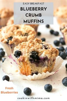 blueberry crumb muffins with text overlay