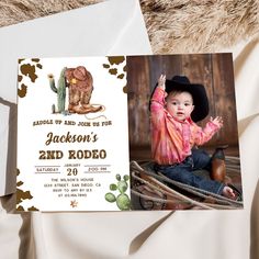 Wild West Rodeo Cowboy 2nd Birthday Party Photo Invitation Cowboy Themed Birthday Party, Kitchen Pass, 1st Rodeo, Rodeo Birthday, Cowboy Baby, First Rodeo, 2nd Birthday Party, Photo Birthday Invitations, Cowboy Birthday