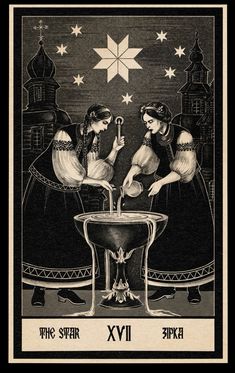 three women are sitting at a table with an inverted star above them and one woman is pouring water from a fountain