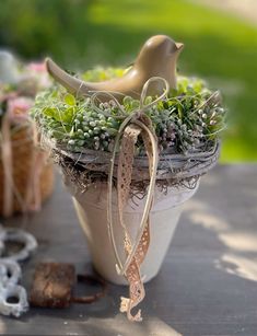 a bird planter with succulents in it