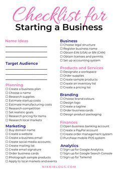 the checklist for starting a business is shown in pink and white with black lettering