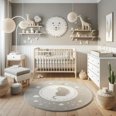 a baby's room decorated in neutral tones with white and grey accents, including an animal theme