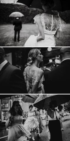 black and white photos of people walking in the rain