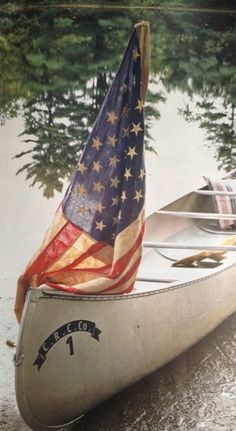 a boat with an american flag on the front is sitting in water next to trees