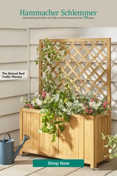 a wooden planter filled with lots of plants