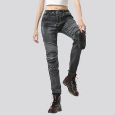 Fall in love with our 2023 Autumn Collection Slim Women's Biker Jeans textured for the modern biker babe. These vintage jeans feature a slim silhouette. mid-waist rise. protective knee-pads. zipper & button closure. and a timeless grey colorway. Get ready to ride the fashion wave with timeless style and protective edge!Distinctive Features Vintage Charm: Step back into the 90s with a timeless slim shape and mid-waist rise. Protective Edge: Feel confident and secure with padded knee-pads for extr Biker Babe, Biker Jeans, Autumn Collection, 2023 Autumn, Lady Biker, Step Back, Knee Pads, Jean Grey, The 90s