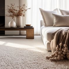 a living room scene with focus on the bed and white carpeted area rugs