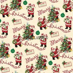 santa claus and christmas tree on white cotton fabric with merry lettering in red, green and yellow