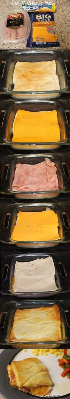 four pans filled with food sitting on top of a counter next to each other