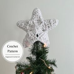 a crocheted star ornament hanging from a christmas tree with the text, crochet pattern