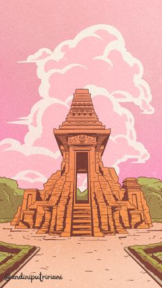 an illustration of a pyramid in the middle of a desert with clouds above it and trees on either side