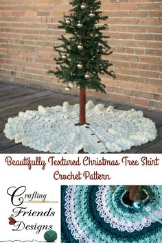 a crocheted christmas tree skirt is shown in front of a brick wall and on the floor