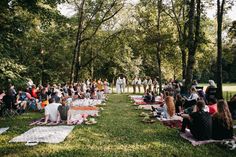 a group of people sitting on top of a lush green field next to forest filled with trees