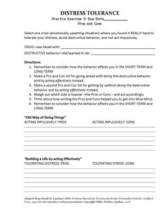 DBT Distress Tolerance - Pros Cons (Homework Assignment #3) - Adapted from Marsha M. Linehan's Skills Training Manual for Treating Borderline Personality Disorder, Guilford Press, 1993. (c) Miller, Rathus, Linehan, 2008. Therapy Homework Assignments, Dbt Activities, Distress Tolerance Worksheets, Distress Tolerance, Borderline Personality