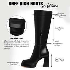 These stylish Black Knee High Faux Leather Platform Style Boots feature a four-inch wedge for elevated comfort. The platform and treaded sole provide excellent traction and support, making them perfect for dressing up or hitting the streets. Rubber sole {Measurements of Platform Boots for Women} Heel Measures approximately 9.5cm / 3.7", platform Height 2.5 cm/0.98". Tall Knee-high Platform Boots With Round Toe, Tall Fit Knee-high Platform Boots With Round Toe, Winter High Cut Chunky Platform Boots, Winter Knee-high Platform Wedge Boots, Fitted Knee-high Boots With Round Toe For Streetwear, Fitted Faux Leather Platform Boots With Round Toe, Fitted Chunky Platform Heeled Boots With Round Toe, Knee-high Synthetic Platform Boots For Streetwear, Black Platform Boots With High Shaft